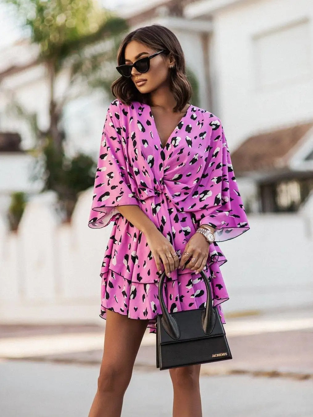 Women's Boho Tropical-Print Mini Dress Tiered Skirt | Spring - Pink