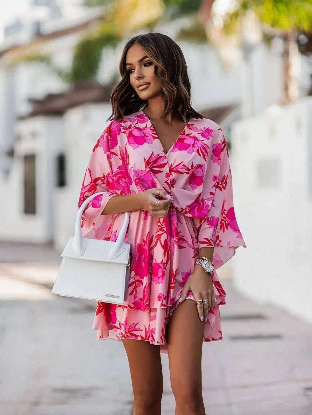 Women's Boho Tropical-Print Mini Dress Tiered Skirt | Spring - Red
