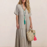 Women's Boho V Neck Tiered Maxi Dress - Relaxed Summer Style - Apricot