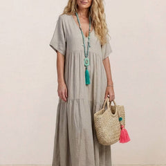 Women's Boho V Neck Tiered Maxi Dress - Relaxed Summer Style - Apricot