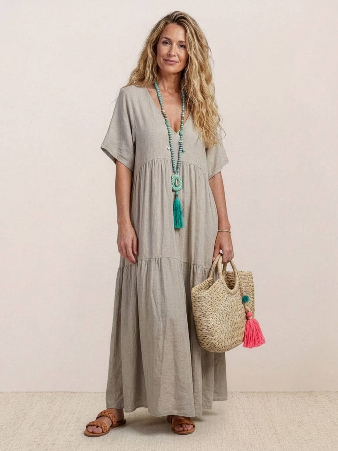 Women's Boho V Neck Tiered Maxi Dress - Relaxed Summer Style - Apricot