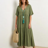 Women's Boho V Neck Tiered Maxi Dress - Relaxed Summer Style - Army Green