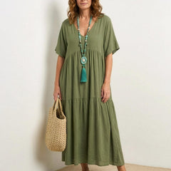 Women's Boho V Neck Tiered Maxi Dress - Relaxed Summer Style - Army Green