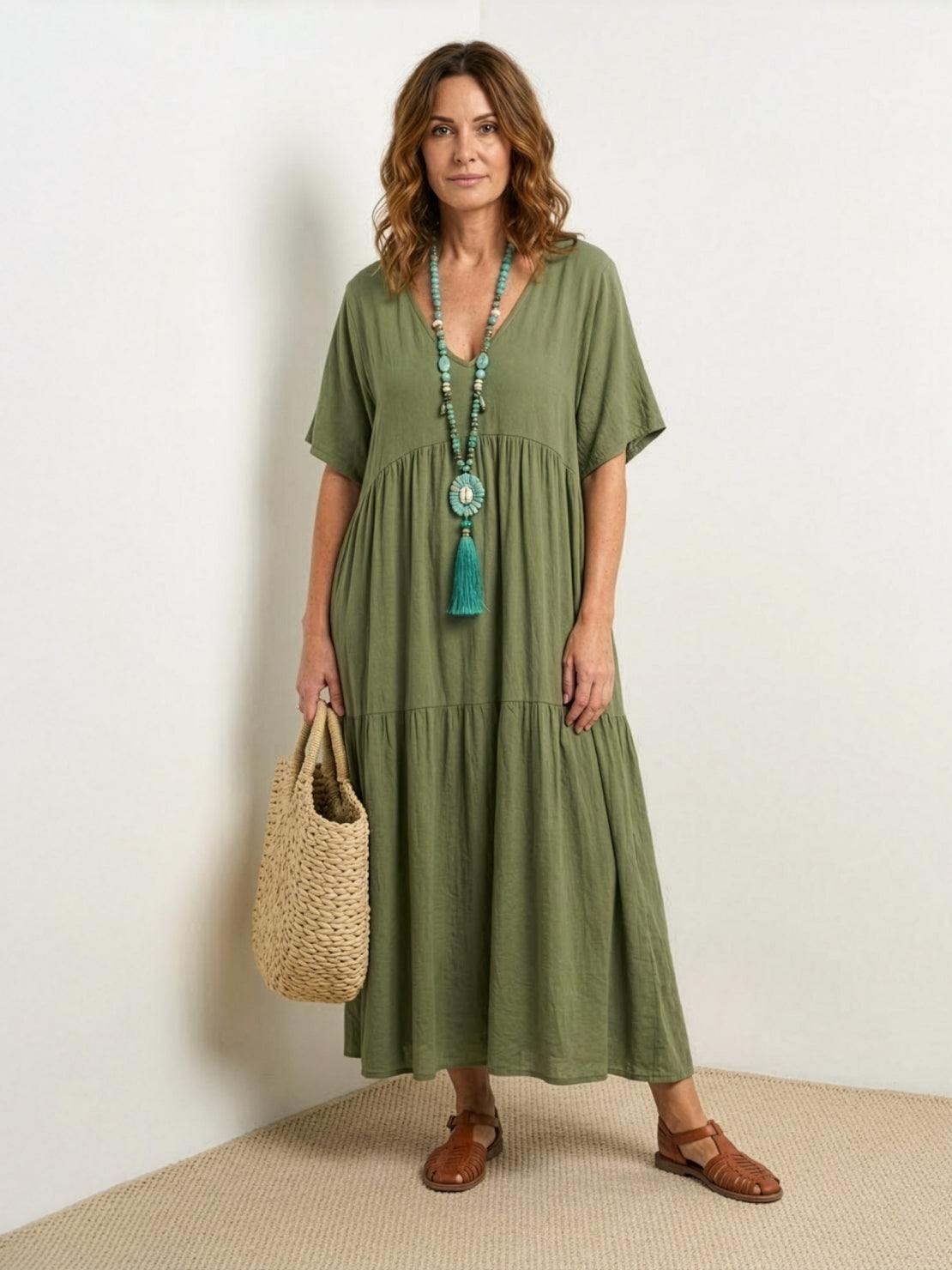 Women's Boho V Neck Tiered Maxi Dress - Relaxed Summer Style - Army Green
