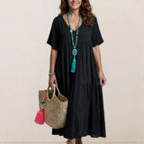 Women's Boho V Neck Tiered Maxi Dress - Relaxed Summer Style - Black