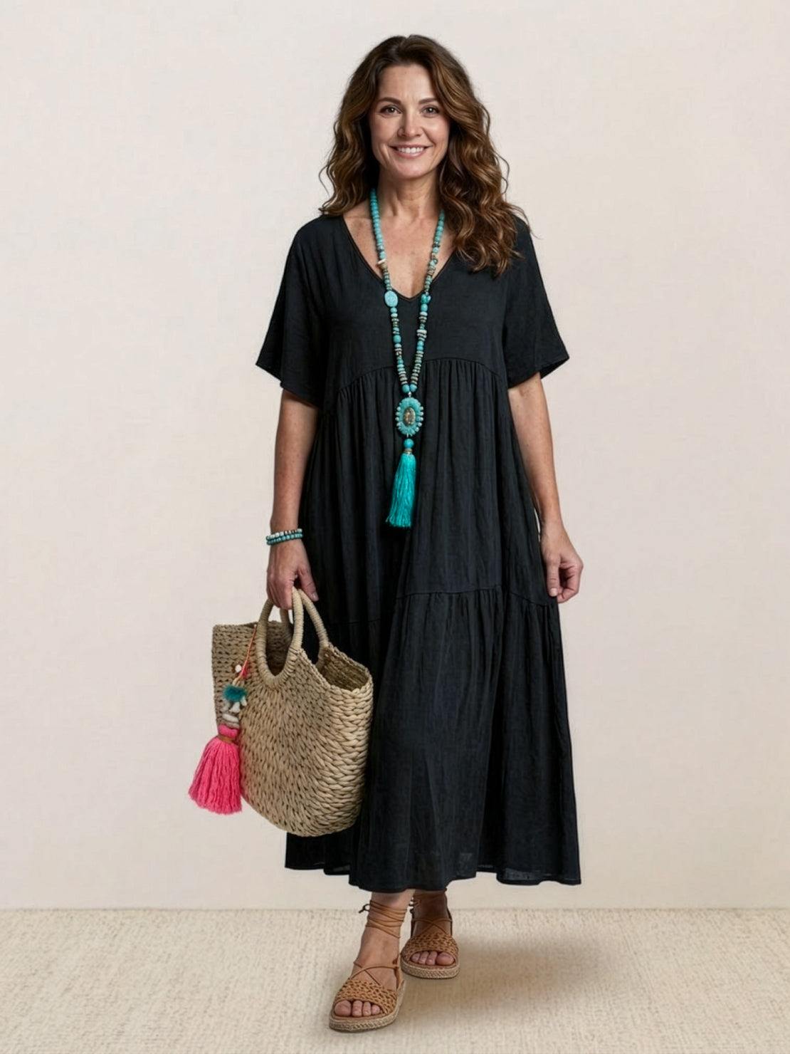 Women's Boho V Neck Tiered Maxi Dress - Relaxed Summer Style - Black