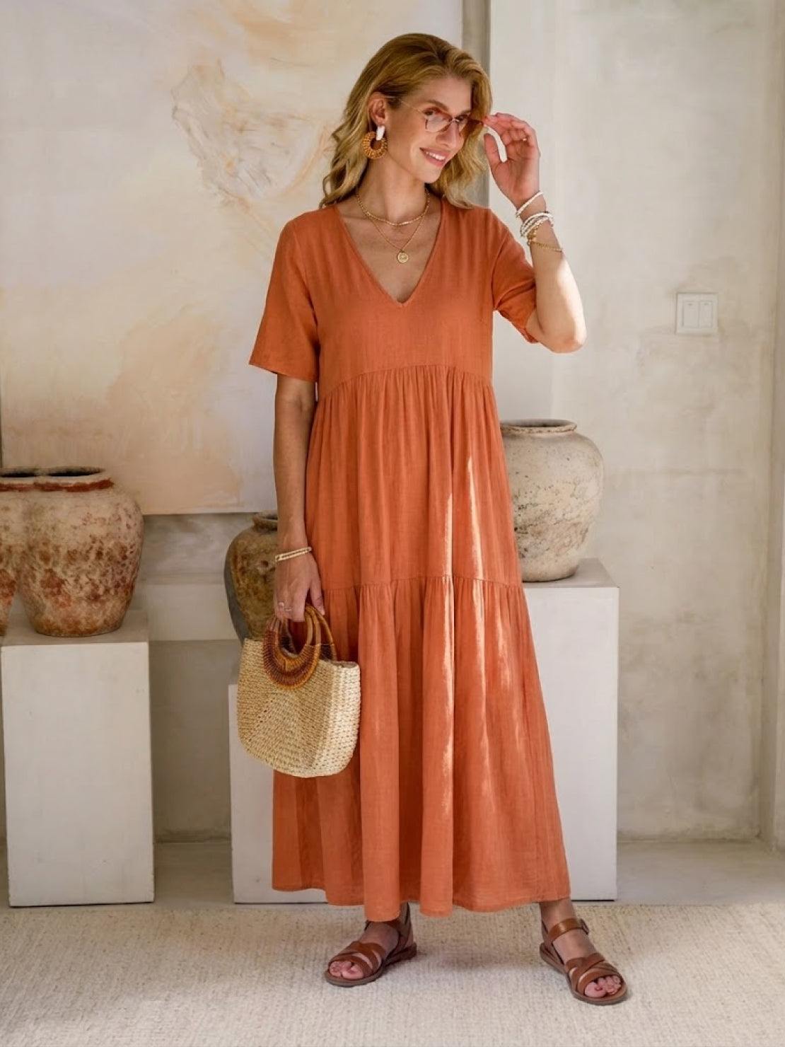 Women's Boho V Neck Tiered Maxi Dress - Relaxed Summer Style
