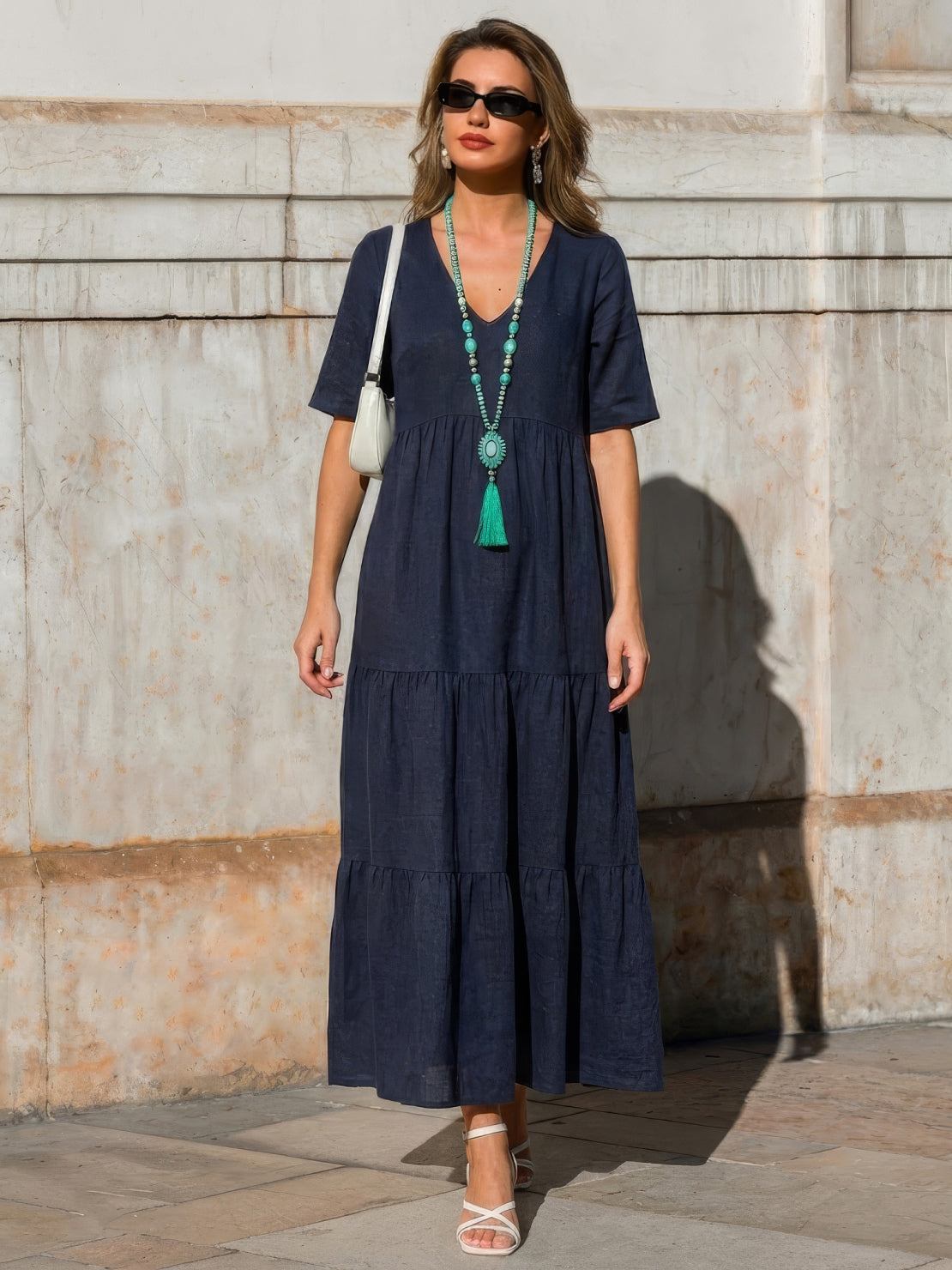 Women's Boho V Neck Tiered Maxi Dress - Relaxed Summer Style