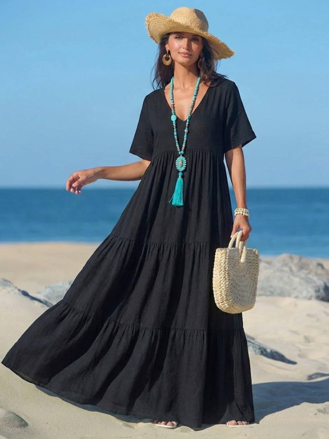 Women's Boho V Neck Tiered Maxi Dress - Relaxed Summer Style
