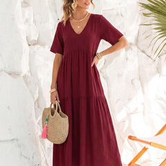 Women's Boho V Neck Tiered Maxi Dress - Relaxed Summer Style
