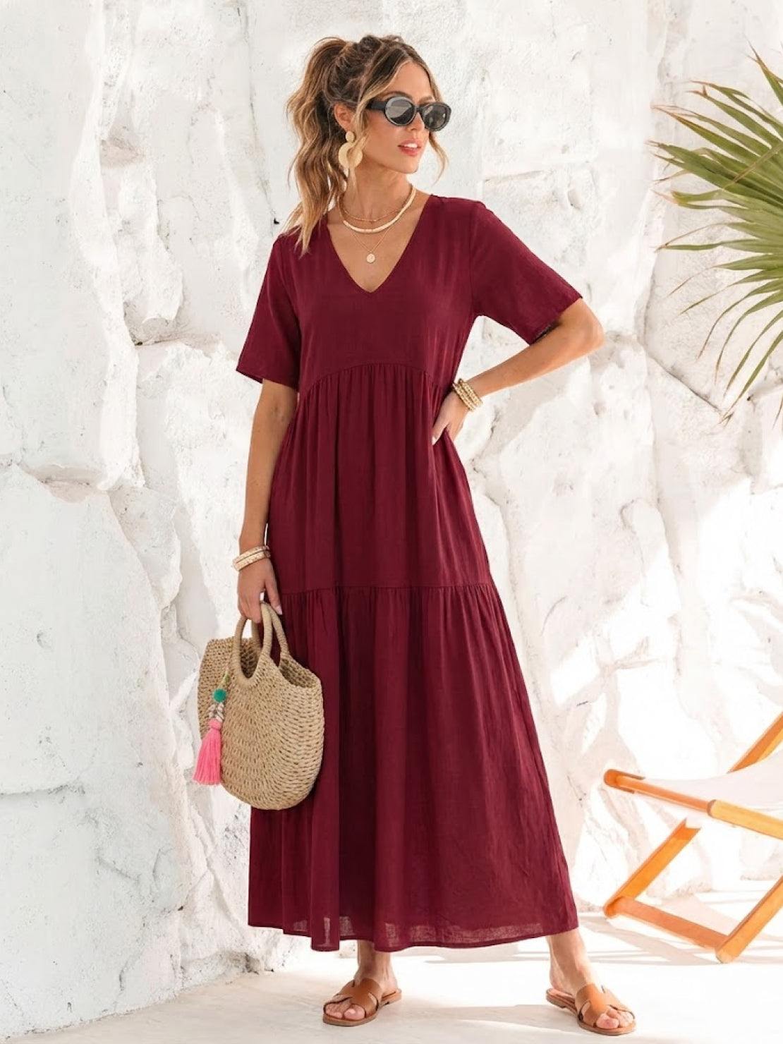 Women's Boho V Neck Tiered Maxi Dress - Relaxed Summer Style