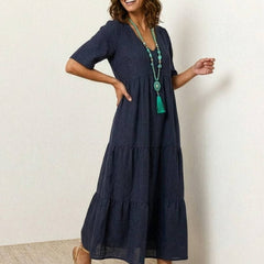 Women's Boho V Neck Tiered Maxi Dress - Relaxed Summer Style - Navy