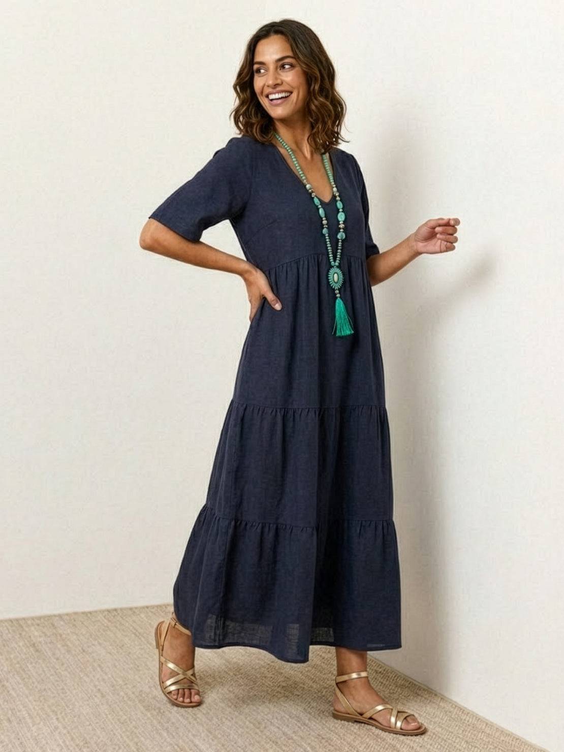 Women's Boho V Neck Tiered Maxi Dress - Relaxed Summer Style - Navy