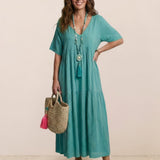 Women's Boho V Neck Tiered Maxi Dress - Relaxed Summer Style - Peacock Blue