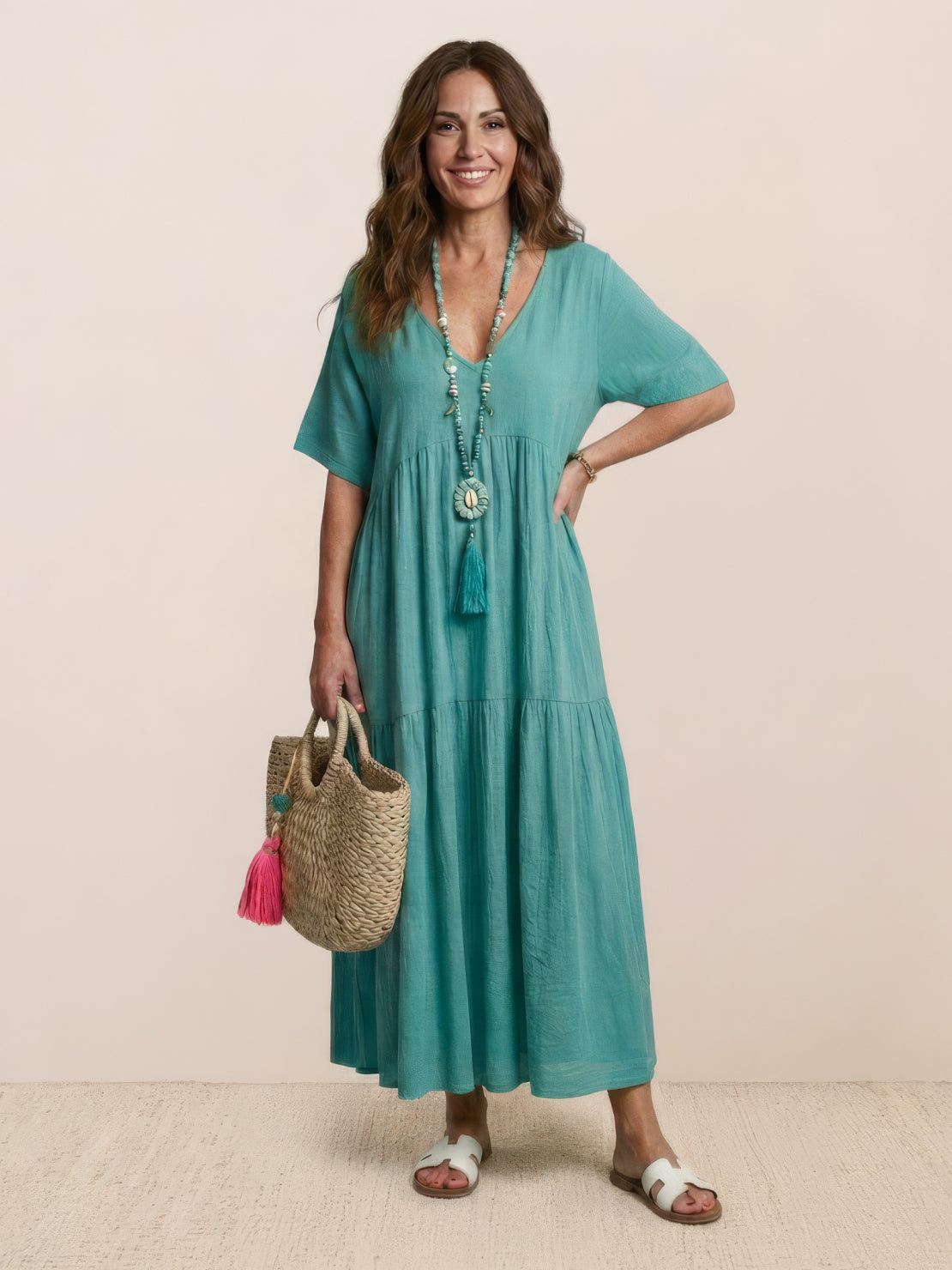 Women's Boho V Neck Tiered Maxi Dress - Relaxed Summer Style - Peacock Blue