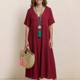Women's Boho V Neck Tiered Maxi Dress - Relaxed Summer Style - Red