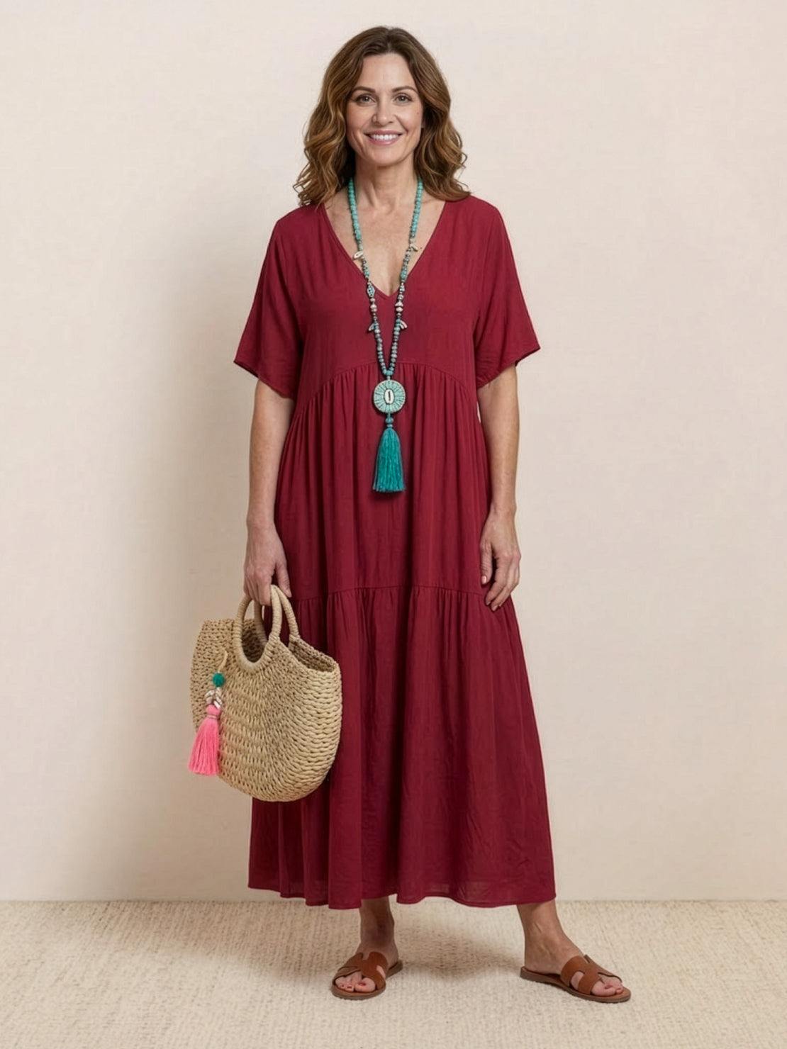 Women's Boho V Neck Tiered Maxi Dress - Relaxed Summer Style - Red