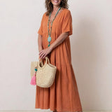 Women's Boho V Neck Tiered Maxi Dress - Relaxed Summer Style - Rusty Orange