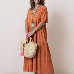 Women's Boho V Neck Tiered Maxi Dress - Relaxed Summer Style - Rusty Orange