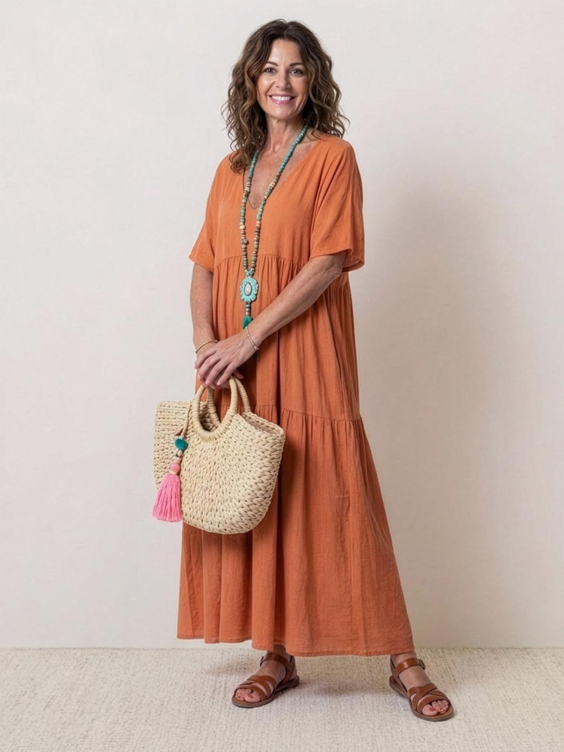 Women's Boho V Neck Tiered Maxi Dress - Relaxed Summer Style - Rusty Orange