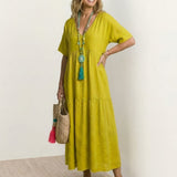 Women's Boho V Neck Tiered Maxi Dress - Relaxed Summer Style - Yellow