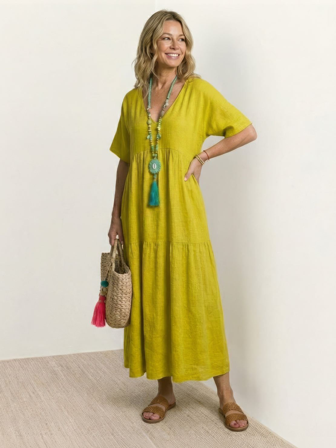 Women's Boho V Neck Tiered Maxi Dress - Relaxed Summer Style - Yellow
