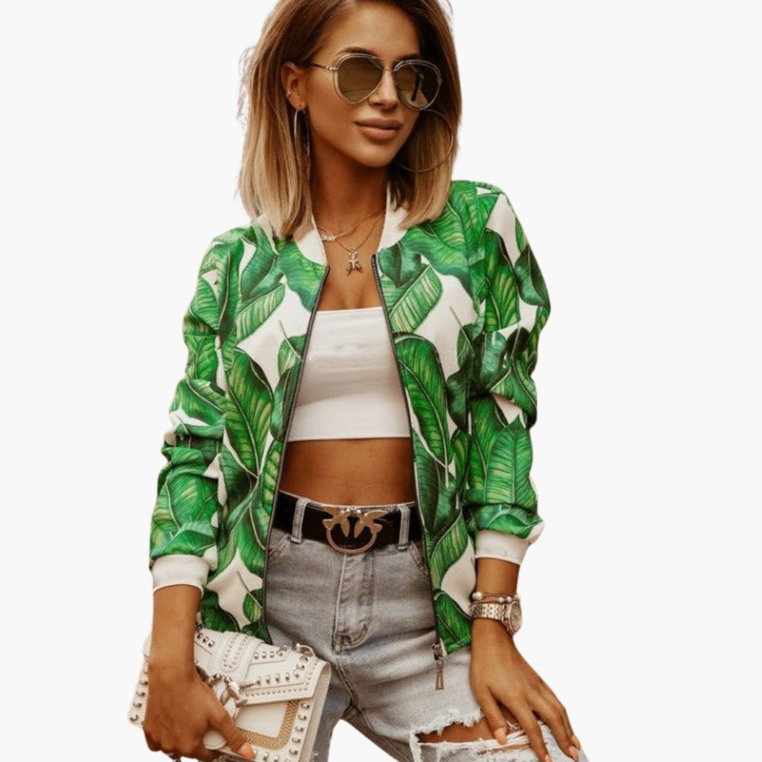 Women's Bomber Jacket | Floral Print | Zip Closure | Spring - Green