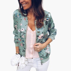 Women's Bomber Jacket | Floral Print | Zip Closure | Spring - Green