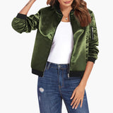 Women's Bomber Jacket | Ribbed Details | Zip Closure | Winter - Army Green
