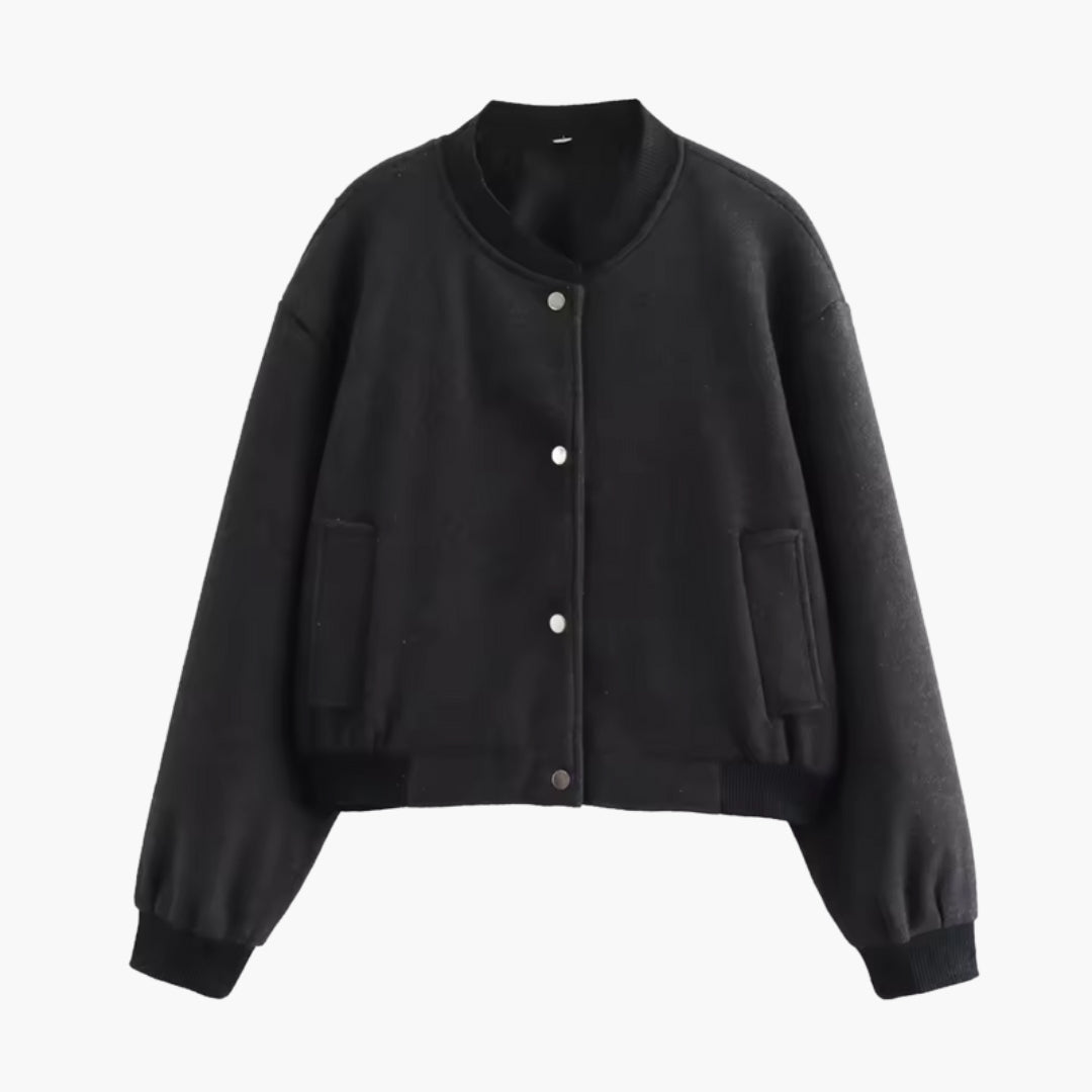 Women's Bomber Jacket | Round Collar | Button Closure | Winter - Black