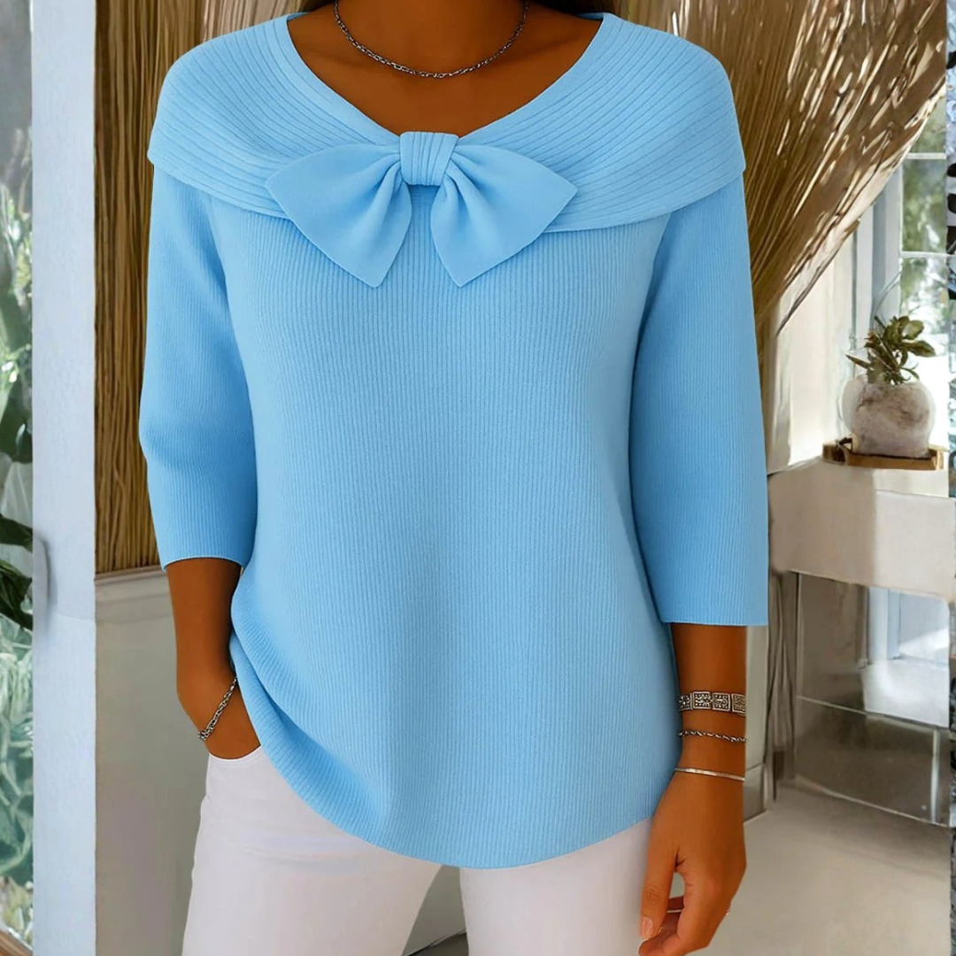 Women's Bow Detail Three-Quarter Sleeve Top - Elegant Summer Blouse - Blue