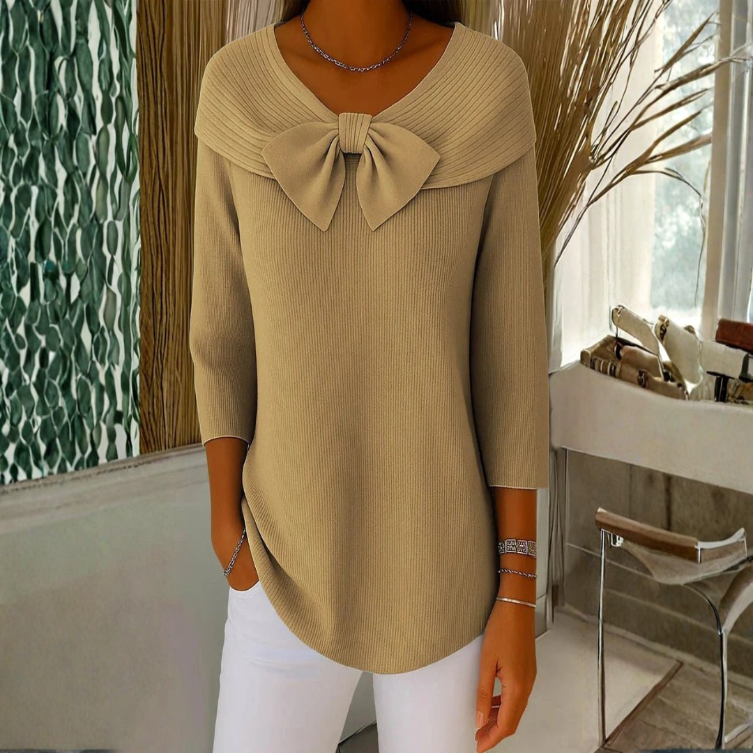 Women's Bow Detail Three-Quarter Sleeve Top - Elegant Summer Blouse - Khaki