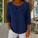 Women's Bow Detail Three-Quarter Sleeve Top - Elegant Summer Blouse - Navy