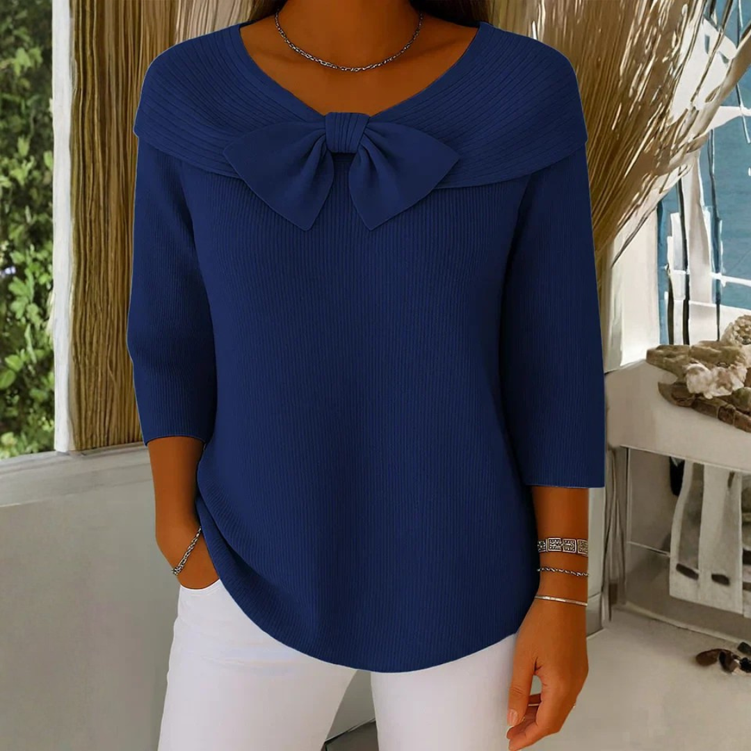 Women's Bow Detail Three-Quarter Sleeve Top - Elegant Summer Blouse - Navy