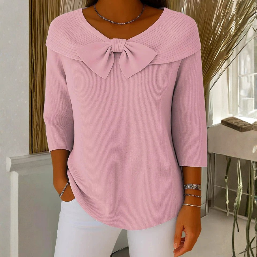 Women's Bow Detail Three-Quarter Sleeve Top - Elegant Summer Blouse - Pink