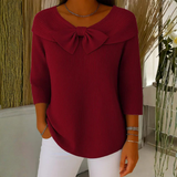 Women's Bow Detail Three-Quarter Sleeve Top - Elegant Summer Blouse - Red