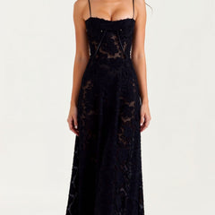 Women's Bustier Maxi Dress - Wedding Guest Elegance | Summer - Black