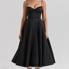 Women's Bustier Midi Satin Flared Dress - Cocktail Party | Spring - Black