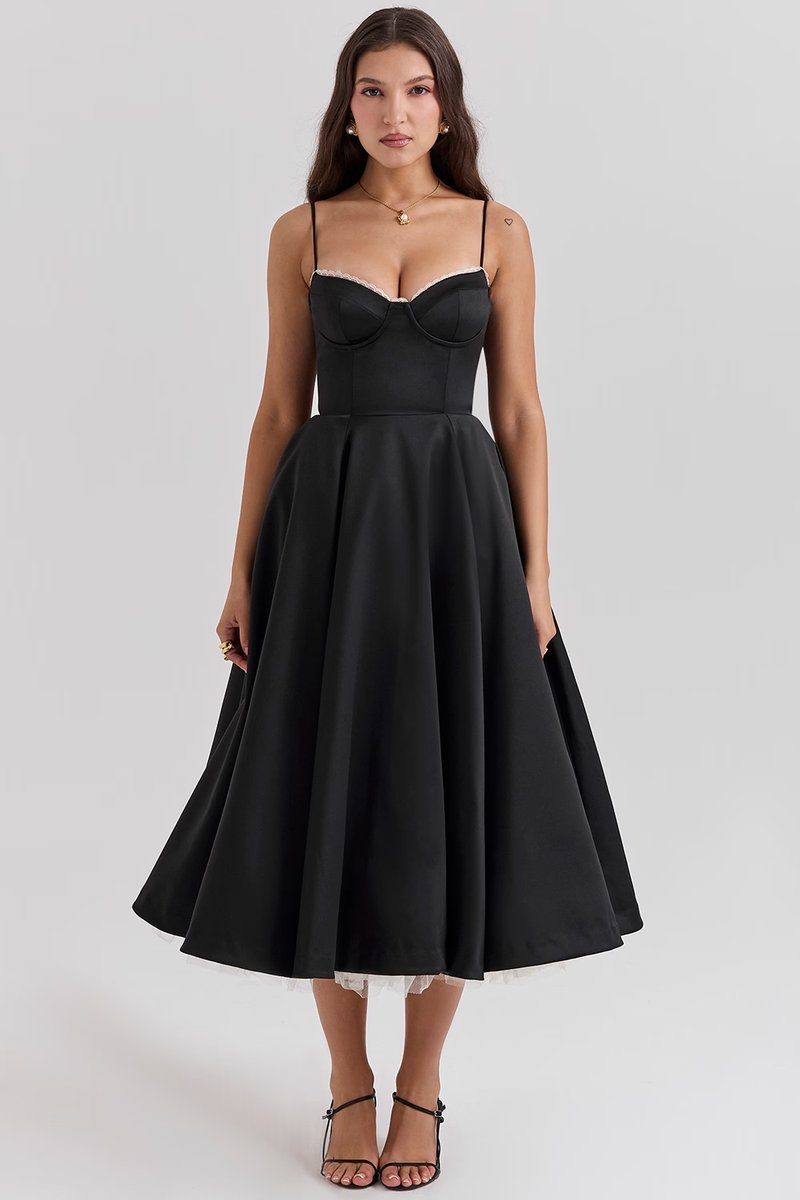 Women's Bustier Midi Satin Flared Dress - Cocktail Party | Spring - Black