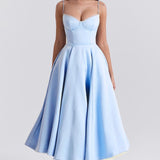 Women's Bustier Midi Satin Flared Dress - Cocktail Party | Spring - Blue