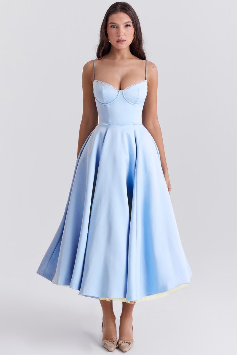Women's Bustier Midi Satin Flared Dress - Cocktail Party | Spring - Blue