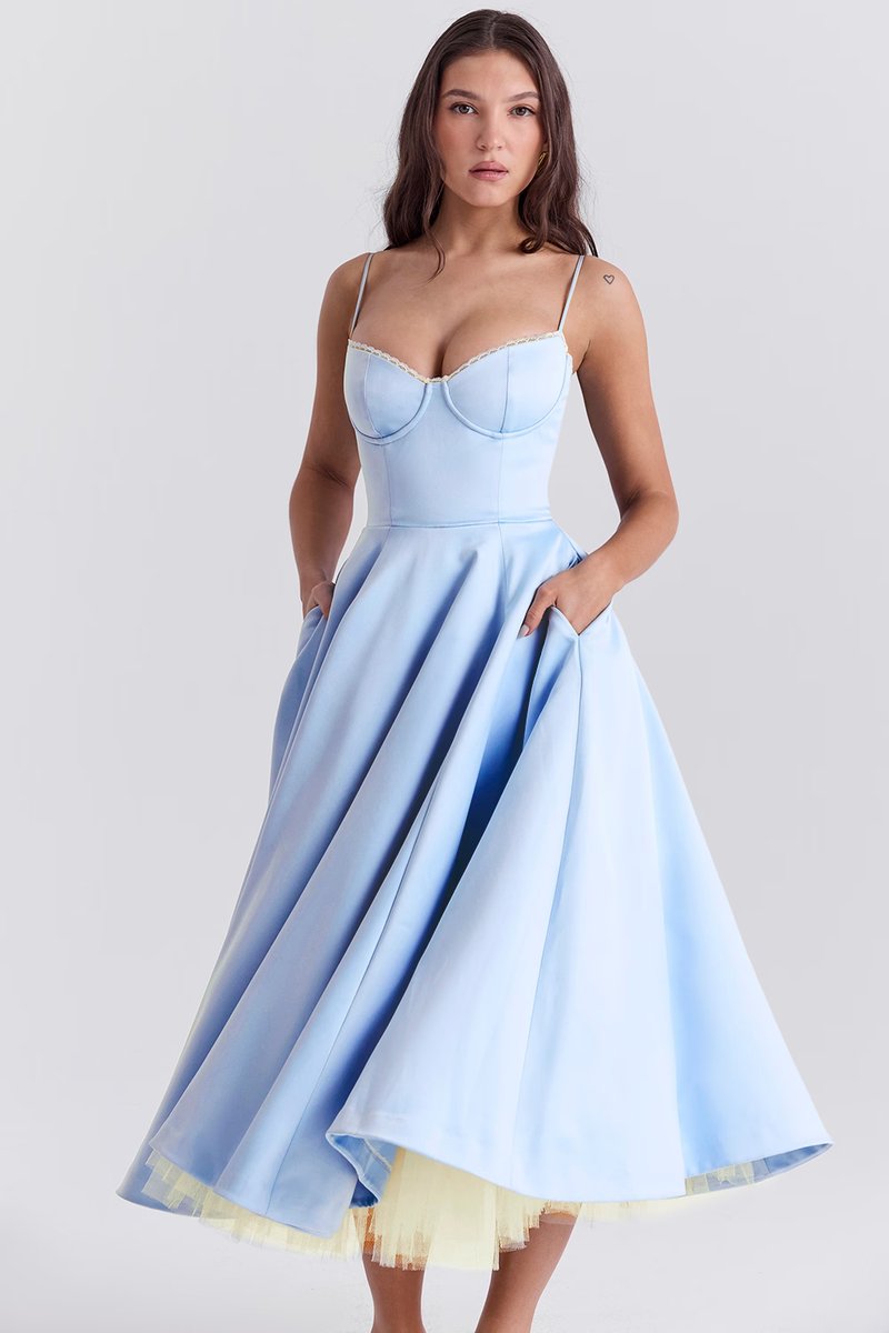 Women's Bustier Midi Satin Flared Dress - Cocktail Party | Spring