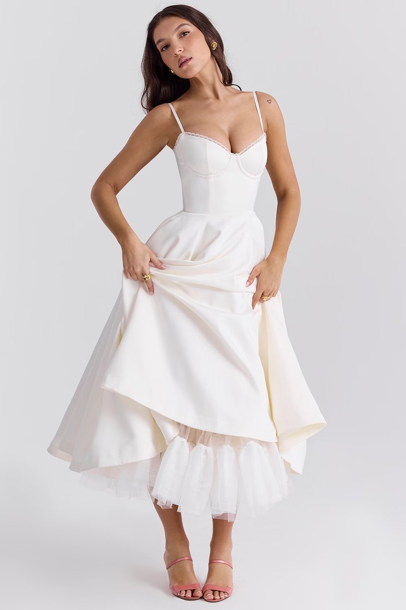 Women's Bustier Midi Satin Flared Dress - Cocktail Party | Spring