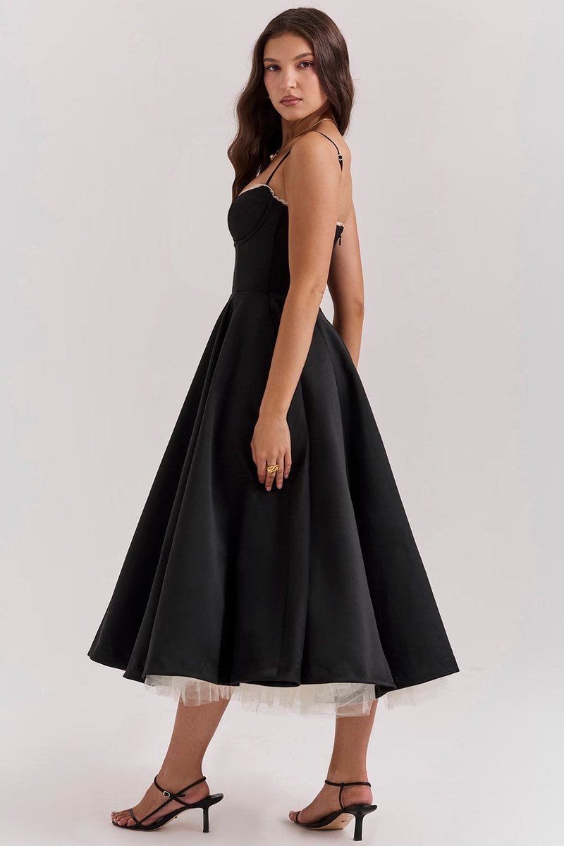 Women's Bustier Midi Satin Flared Dress - Cocktail Party | Spring