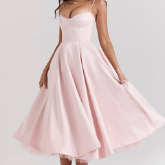 Women's Bustier Midi Satin Flared Dress - Cocktail Party | Spring