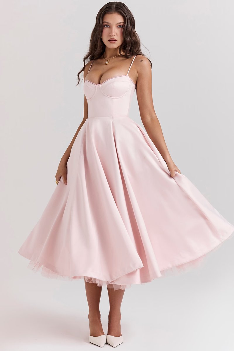 Women's Bustier Midi Satin Flared Dress - Cocktail Party | Spring