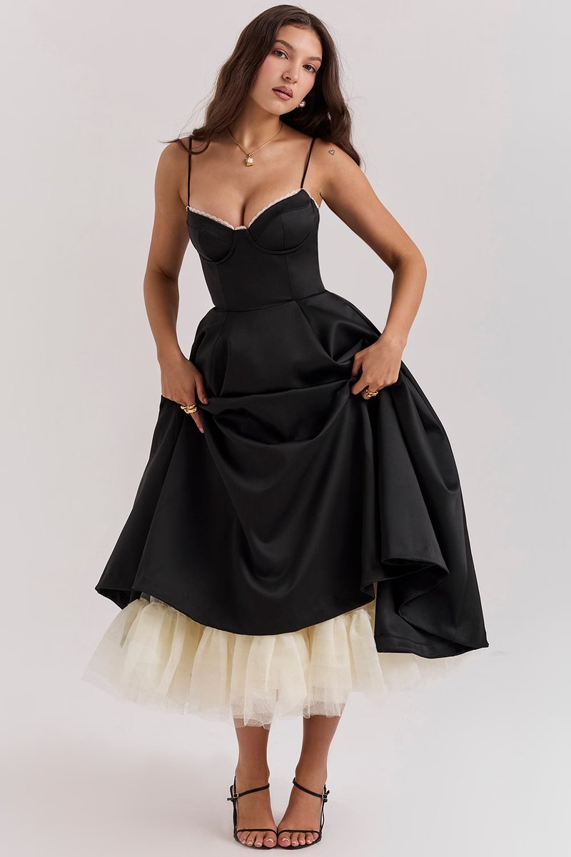 Women's Bustier Midi Satin Flared Dress - Cocktail Party | Spring