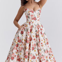 Women's Bustier Midi Satin Flared Dress - Cocktail Party | Spring