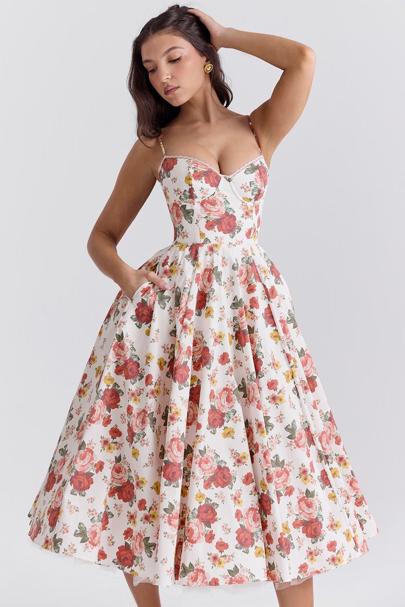 Women's Bustier Midi Satin Flared Dress - Cocktail Party | Spring