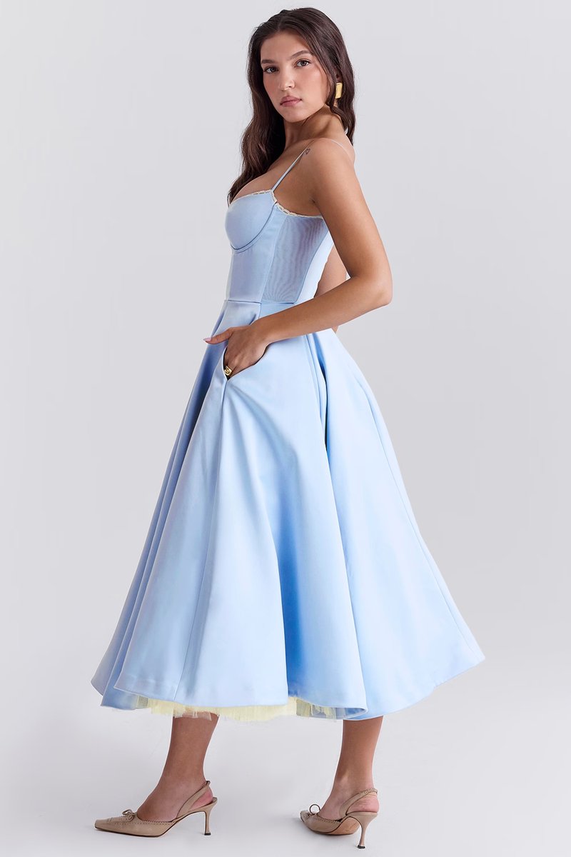 Women's Bustier Midi Satin Flared Dress - Cocktail Party | Spring